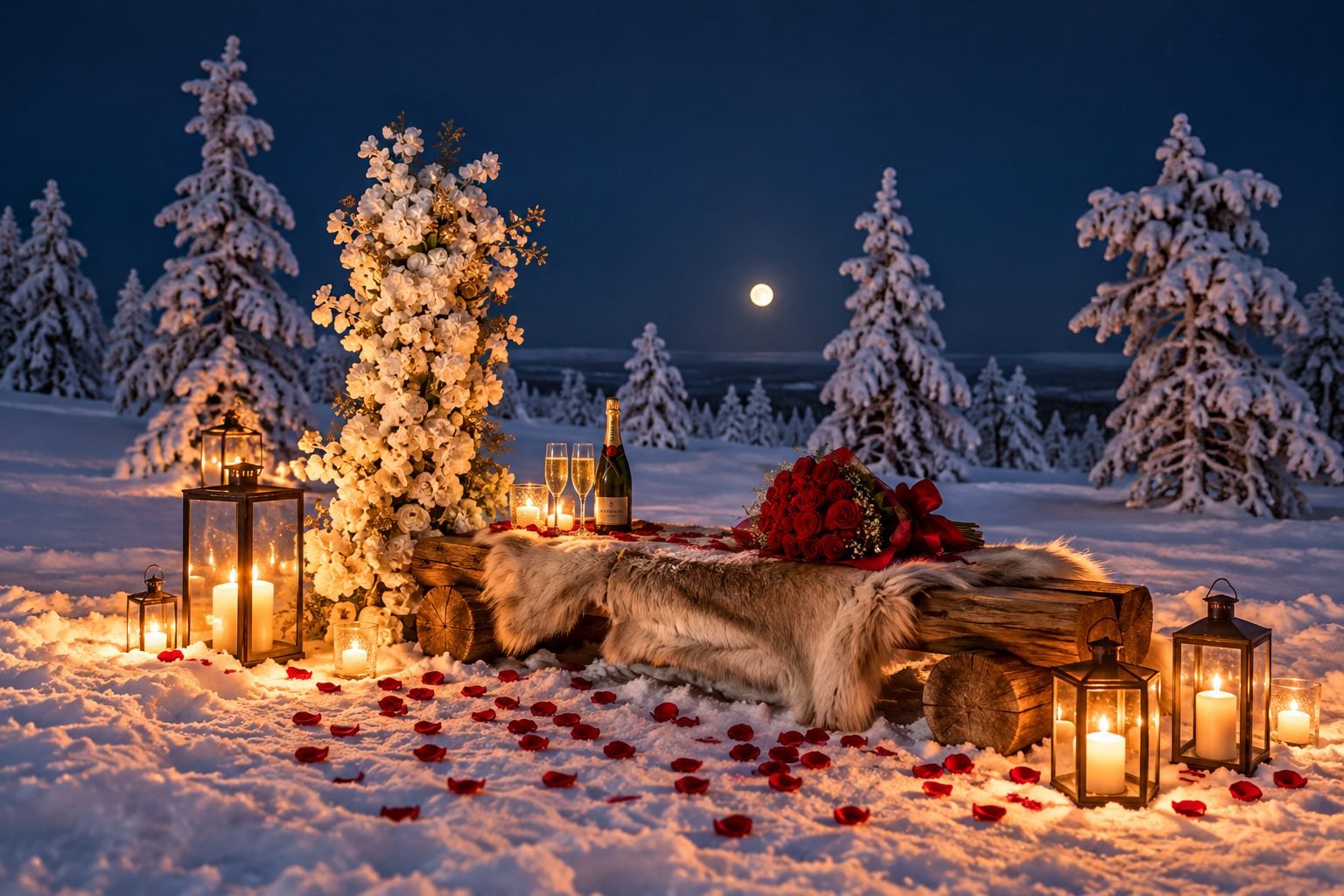 Private proposal spot in Lapland nature, decorated with lanterns, roses and sparkling wine