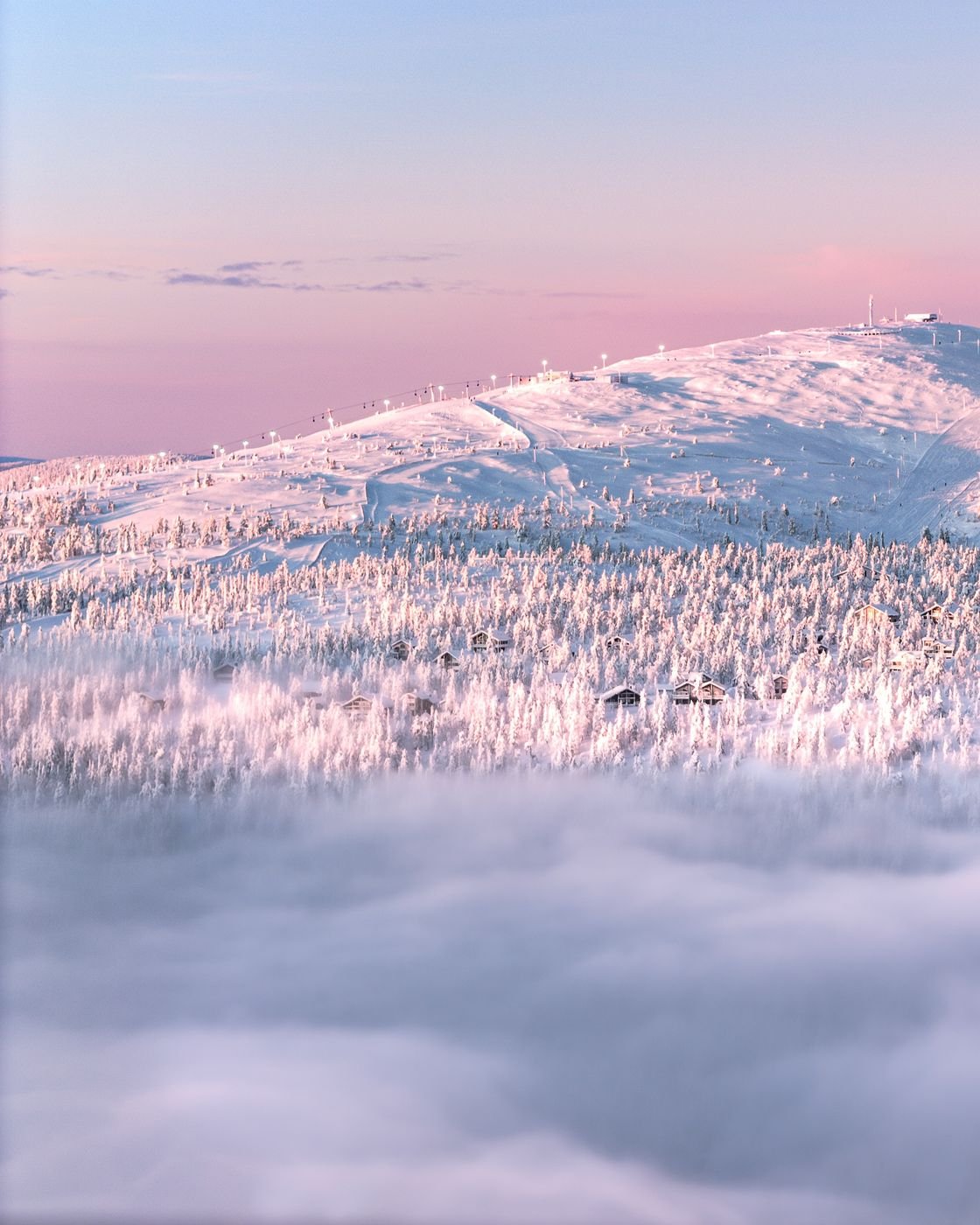 Ski slopes on a snowy fell in Levi and Ylläs, Lapland