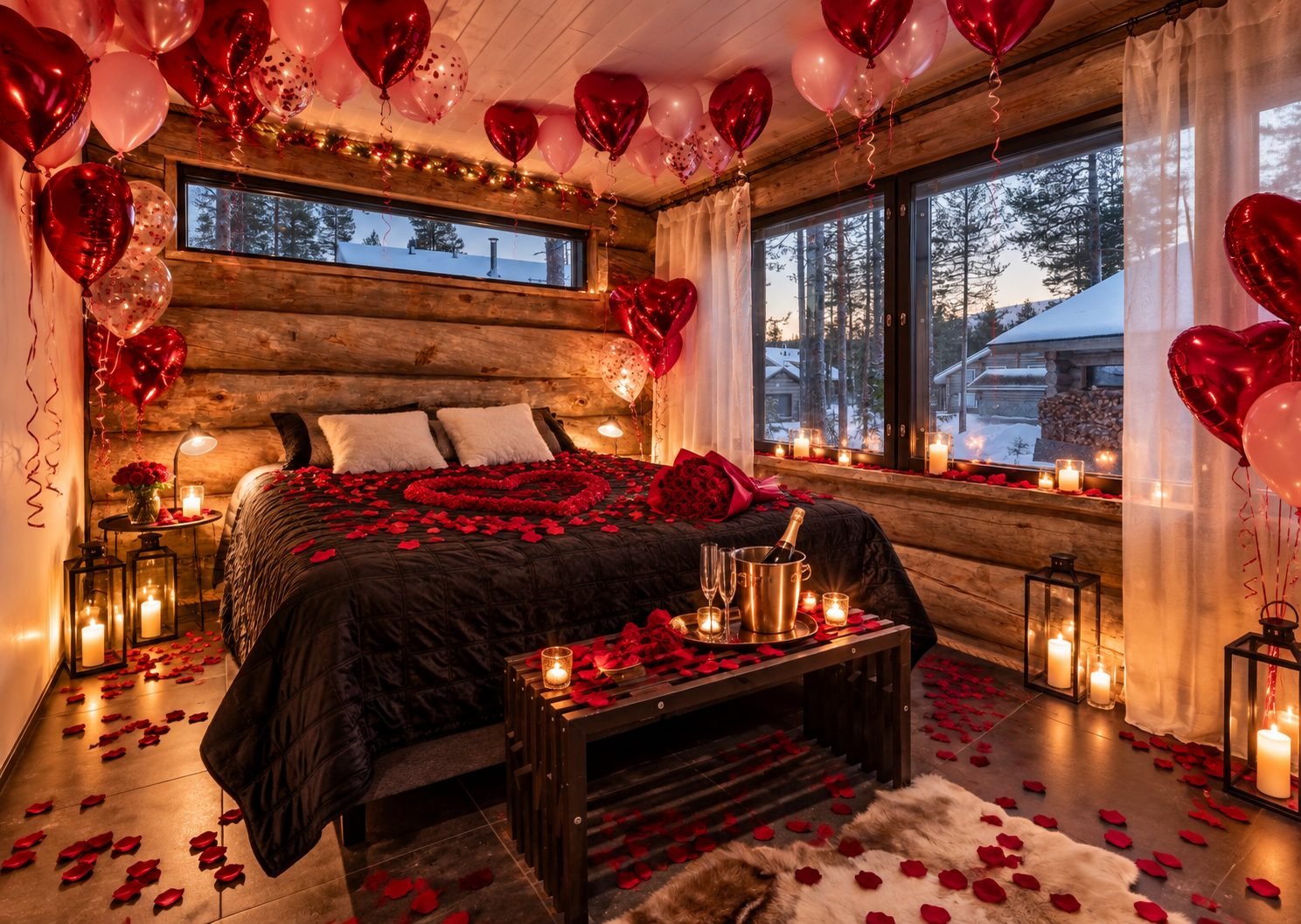 Romantic surprise in a Lapland cabin with heart balloons, roses, candles and sparkling wine